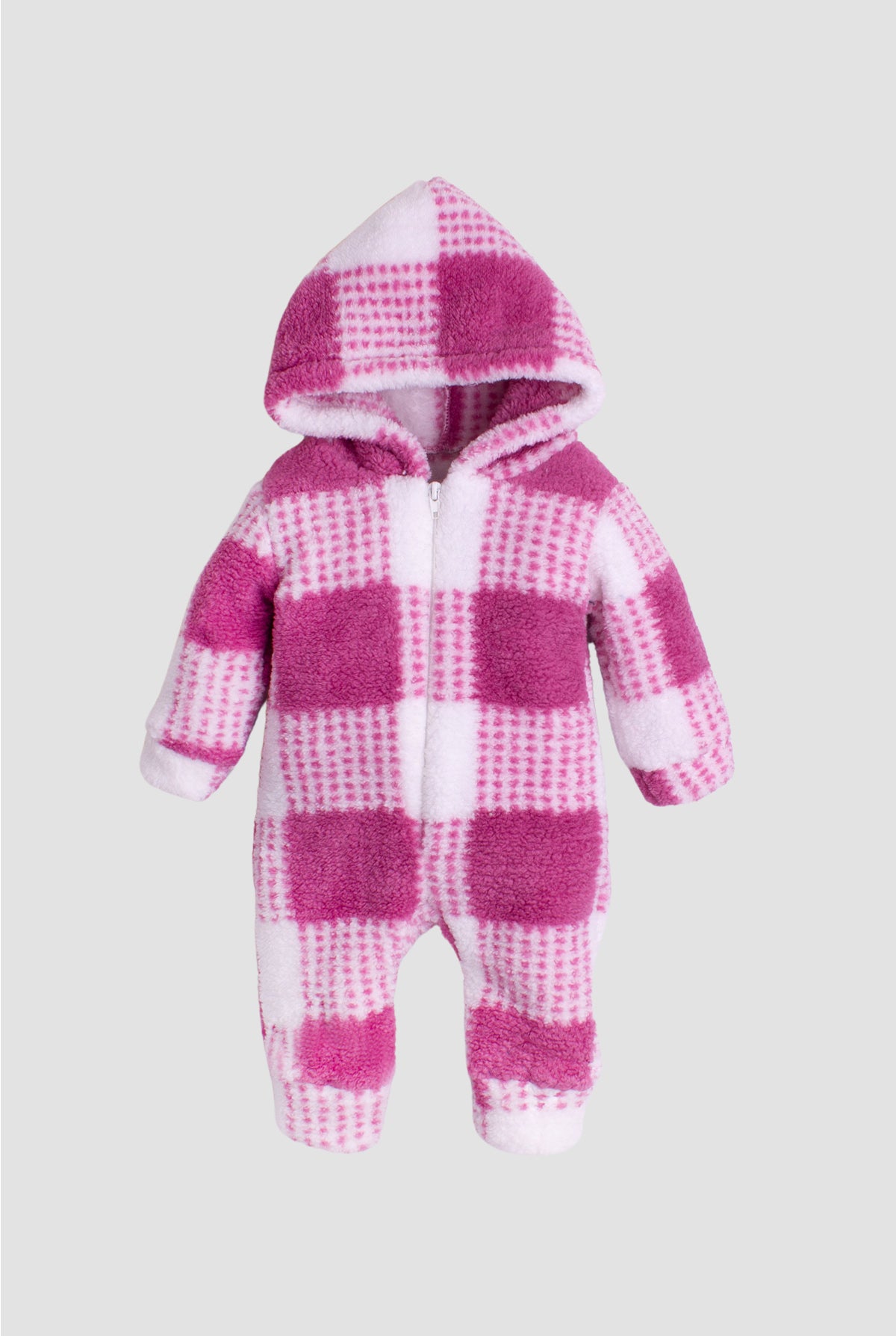 Kız Bebek Ekose Desenli Kapüşonlu Fermuarlı Peluş Tulum 0-12 Ay
